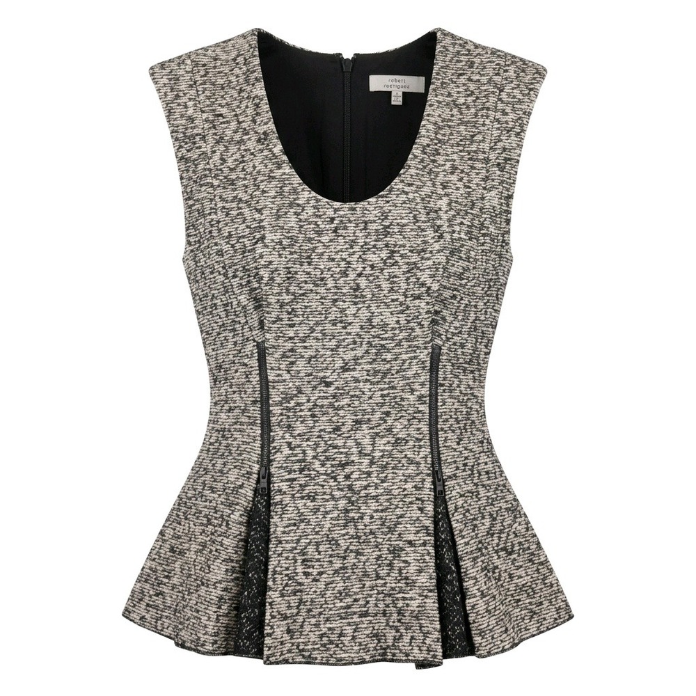 Robert Rodriguez Womens Black White Textured Knit Peplum Top Zipper Detail 2
